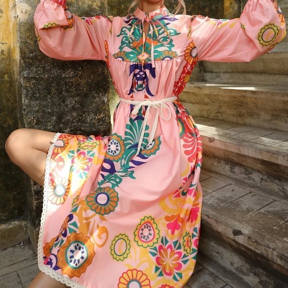 Boho Womens Floral Print Lantern Sleeve Belted midi Dress Pink - Picture 3 of 5
